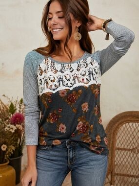 4/$15 Women's Gray Floral Lace Yoke Pullover Top Sz XL Shabby Chic Art